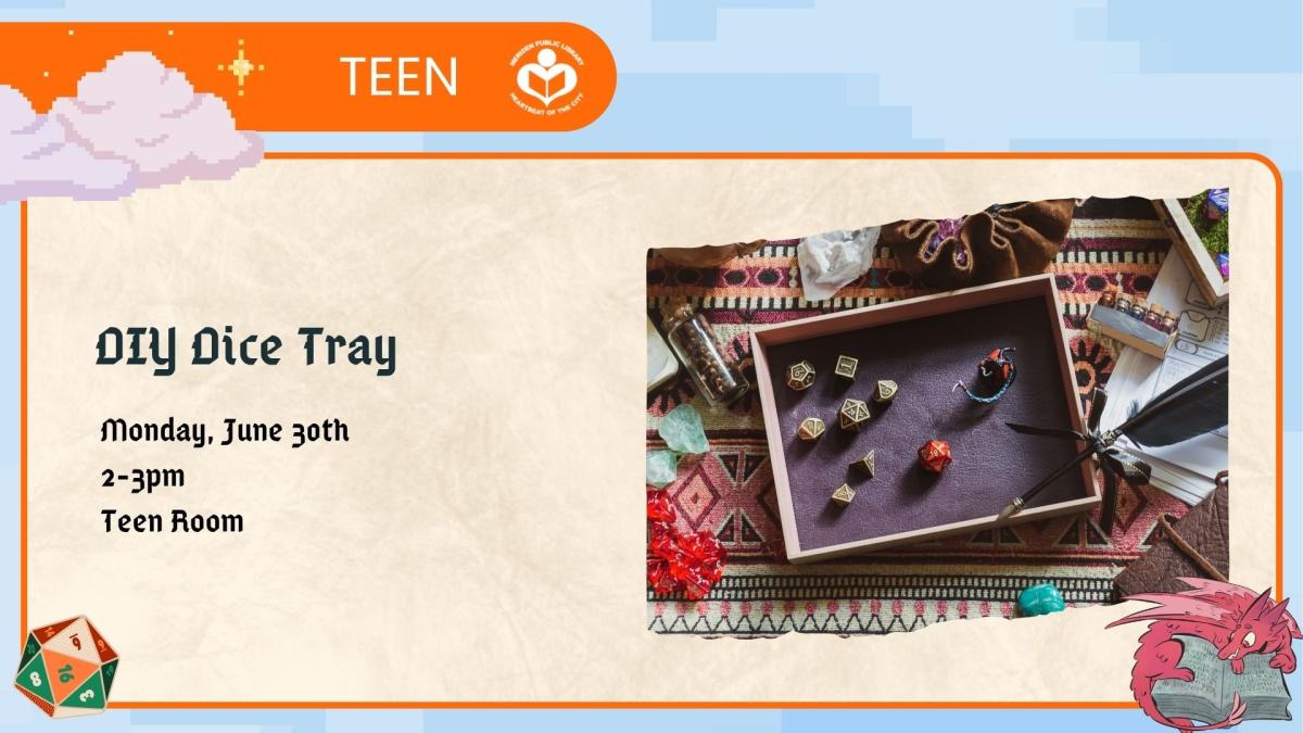 Dice tray to right of verbiage 