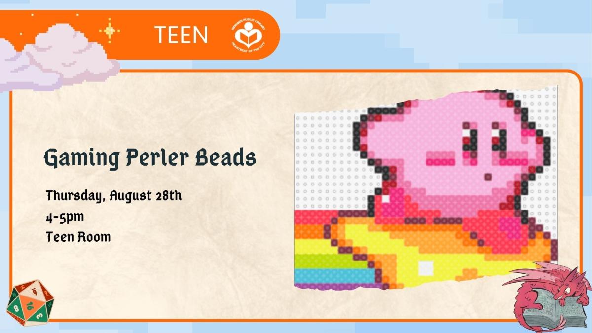 Kirby in perler beads to right of verbiage 