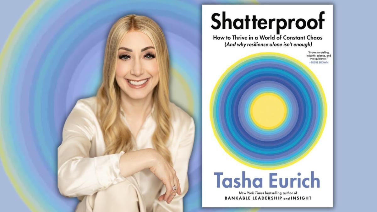 Dr. Tasha Eurich to the left of her book Shatterproof