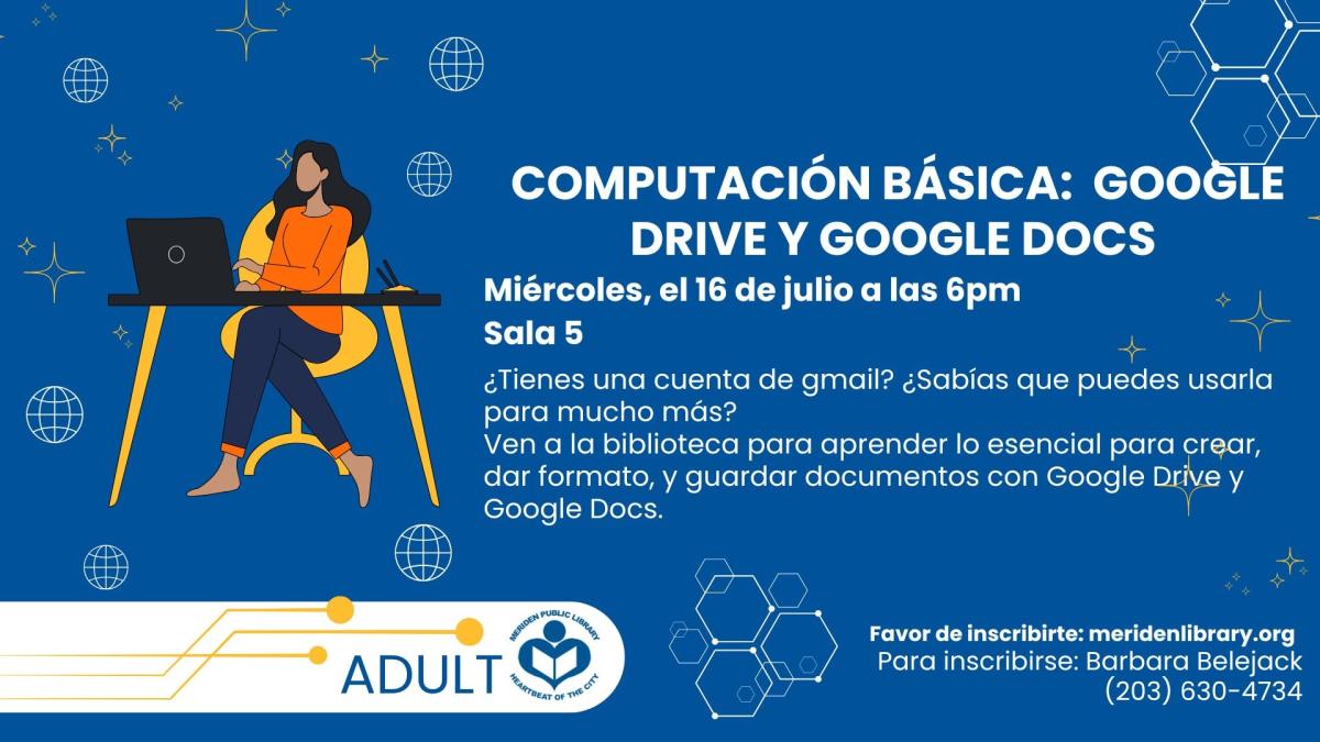 Cartoon woman sitting at computer desk to left of verbiage 