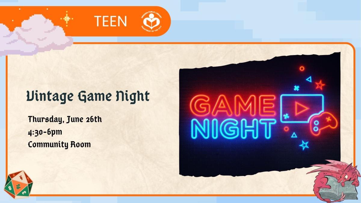 Game night in neon colors to right of verbiage 