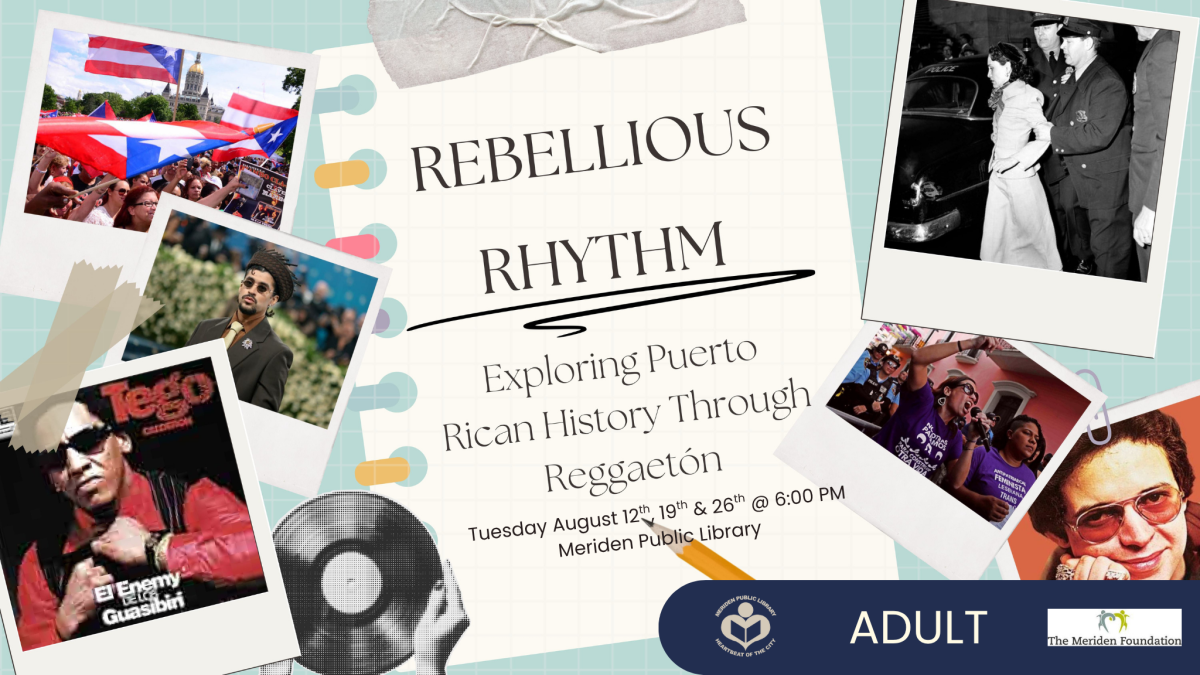 Various photos of Puerto Rican culture sprinkled around borders of verbiage 