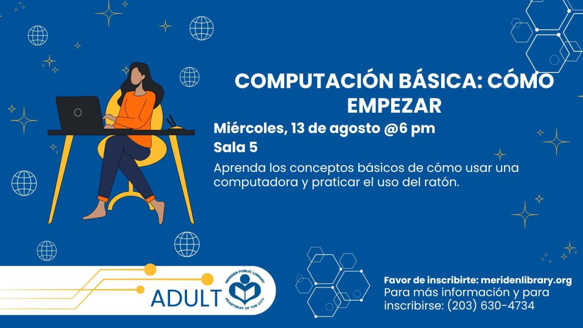 Woman working on a computer to left of verbiage 