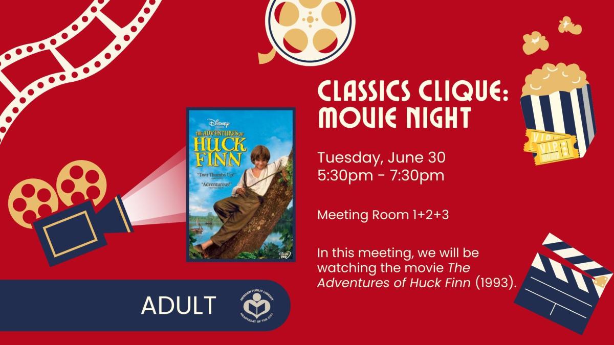 The Adventures of Huck Finn film poster to left of verbiage