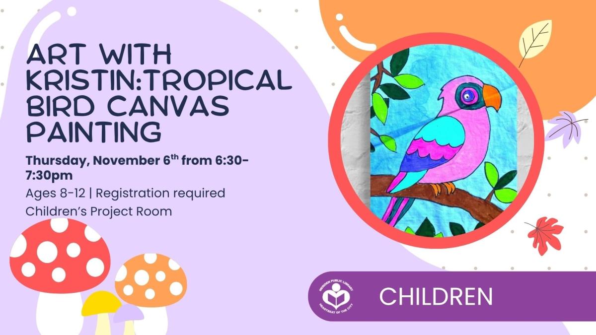 Tropical bird painting to right of verbiage 