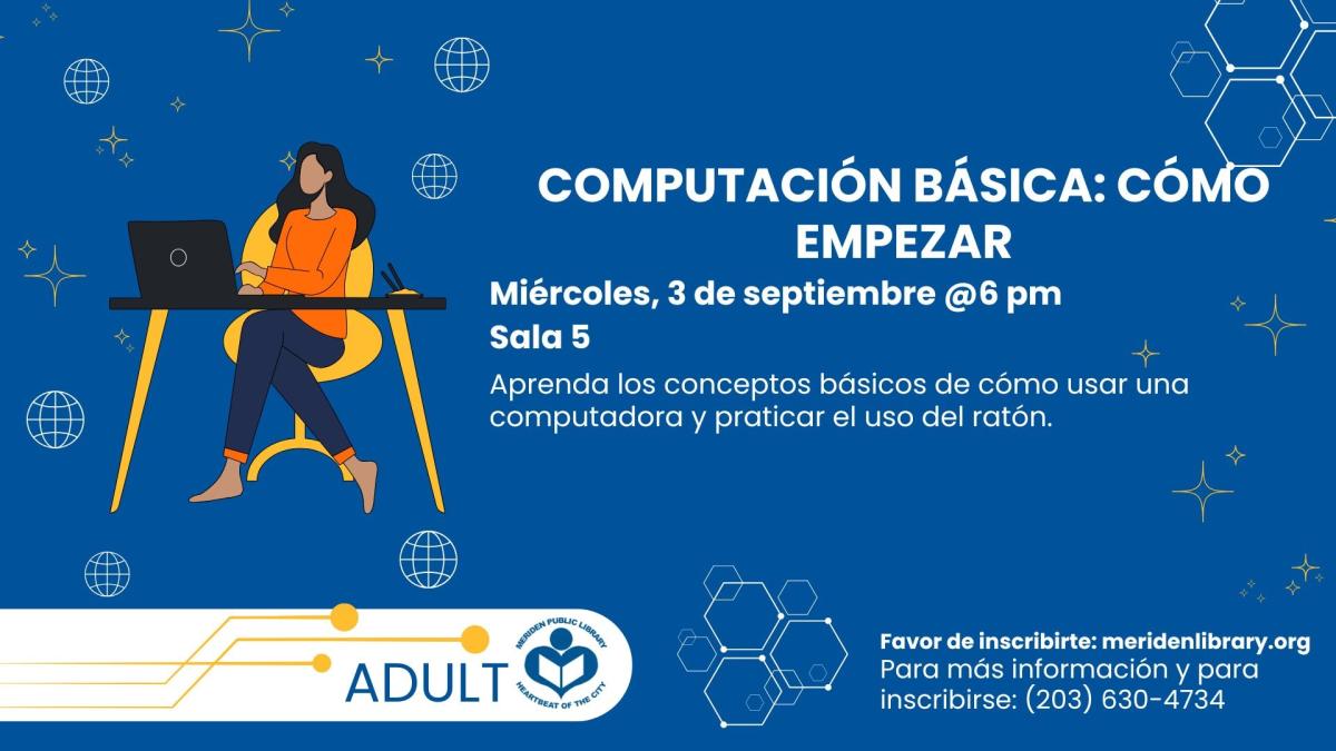 Woman working on a computer to left of verbiage 