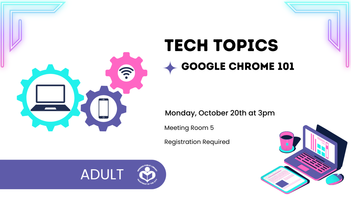 Gears and a laptop to left of verbiage with psychedelic colors