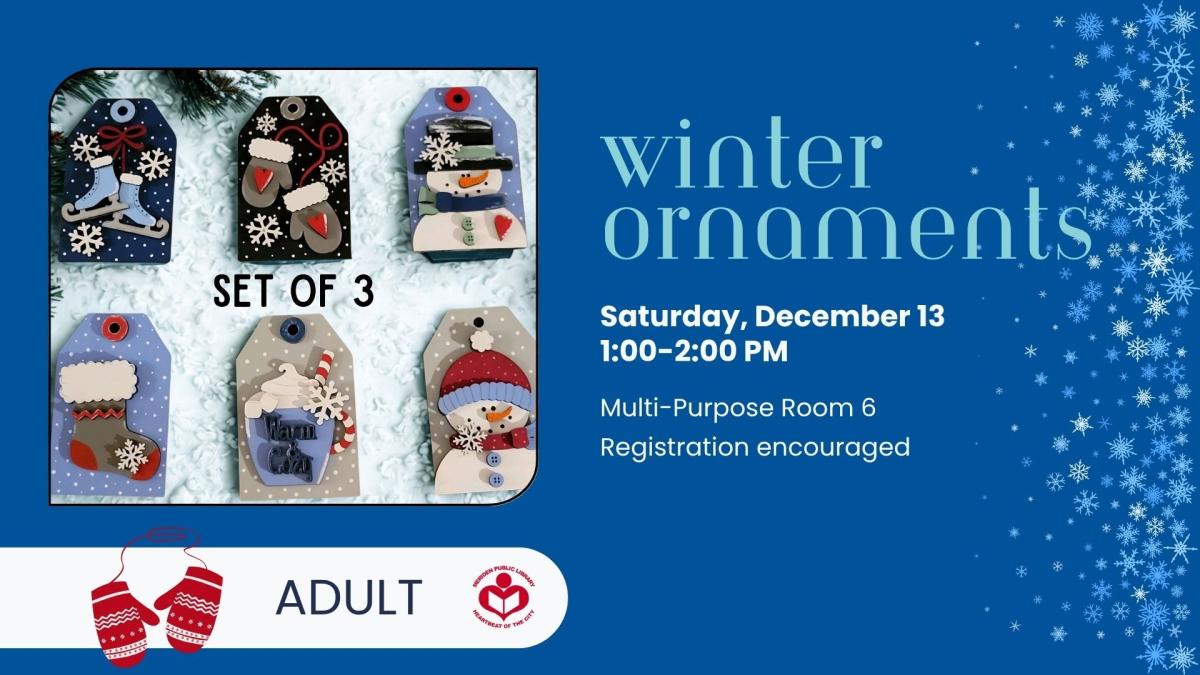 Winter ornaments crafts to left of verbiage 