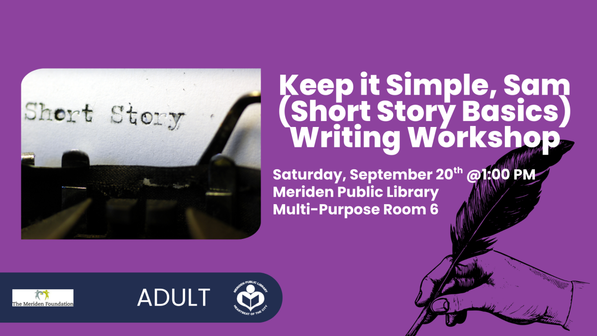 Short story written on type writer to left of verbiage with shadow quill to bottom right