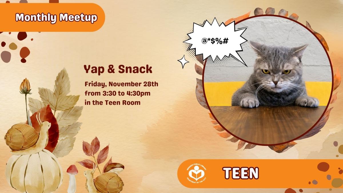 photo of grumpy, hungry cat to right of verbiage