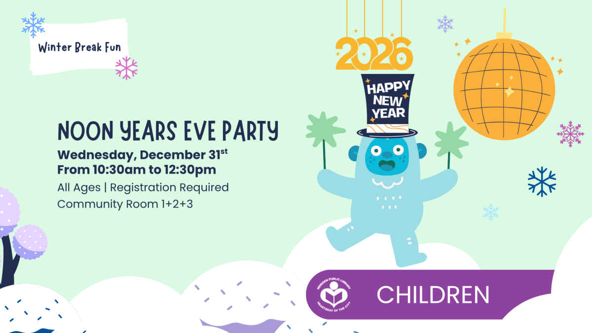 New Years blue cartoon character under disco ball to right of verbiage 