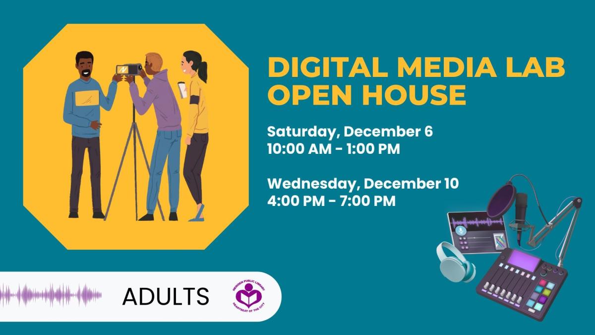 three people using a camera to left of verbiage