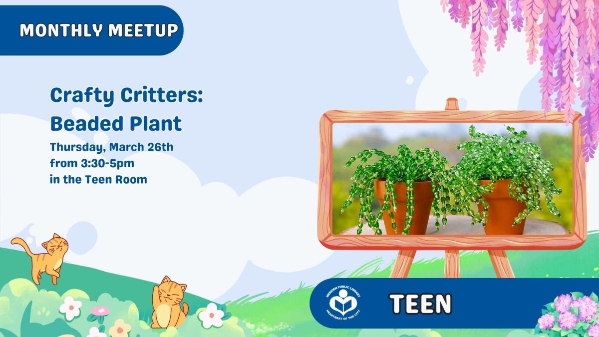 plant pot with beaded green fronds to right of verbiage