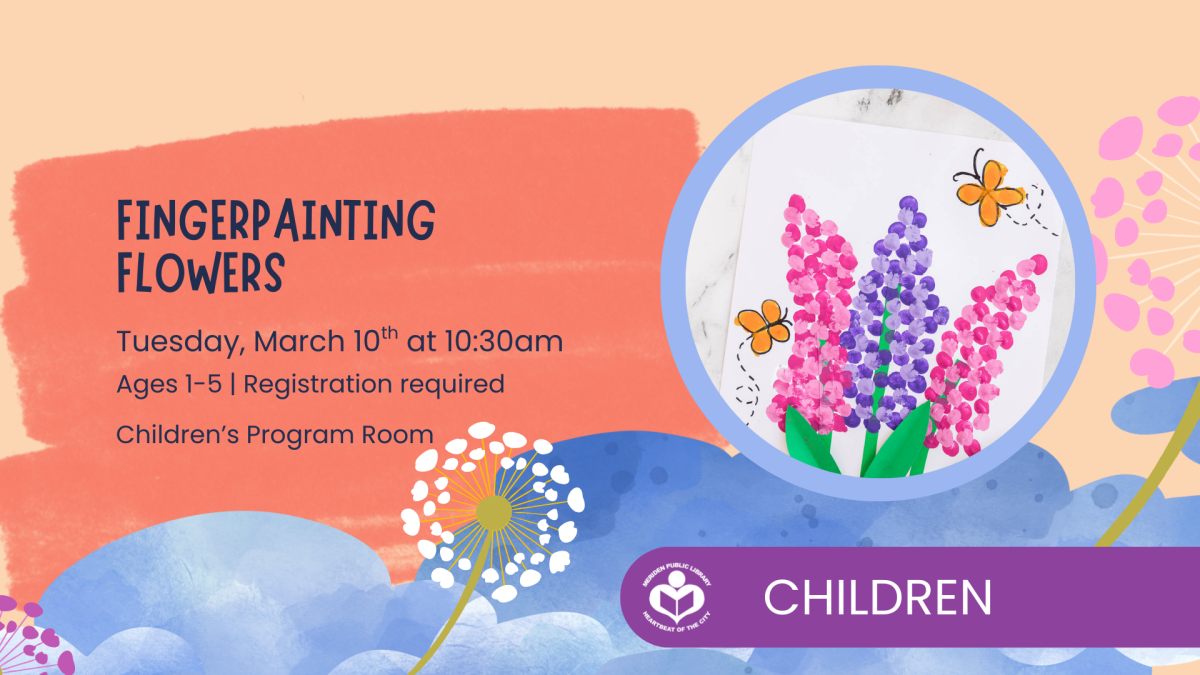 Fingerpainted pink and purple flowers to right of verbiage