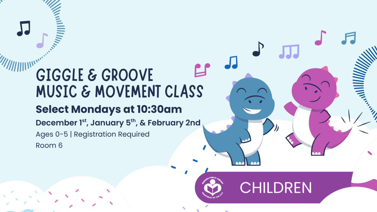 Dinosaurs dancing to the right of text with dates and times for Giggle and Groove.