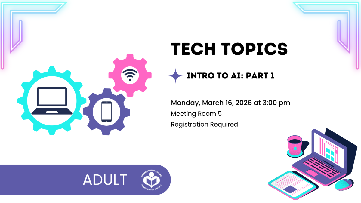 Gears and a laptop to left of verbiage with psychedelic colors
