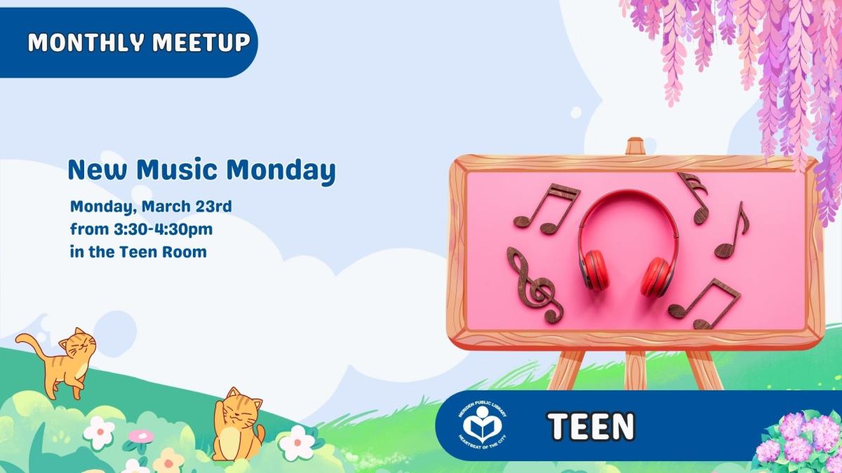 headphones and music notes on pink background to right of verbiage