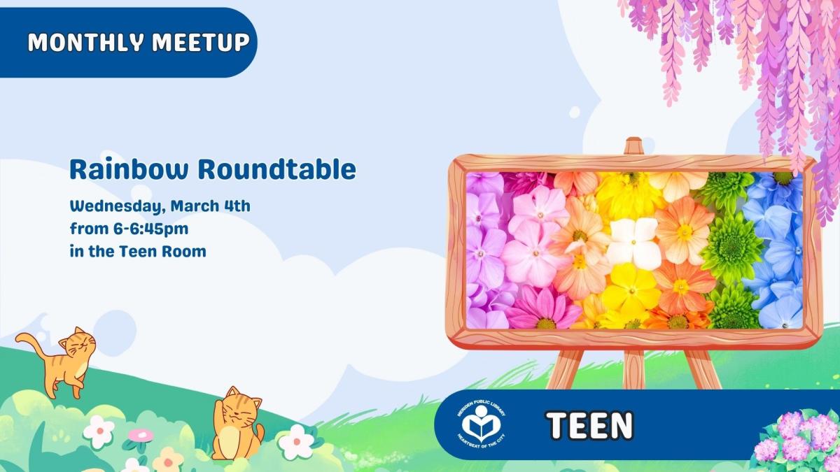 flowers in the colors of a rainbow to right of verbiage