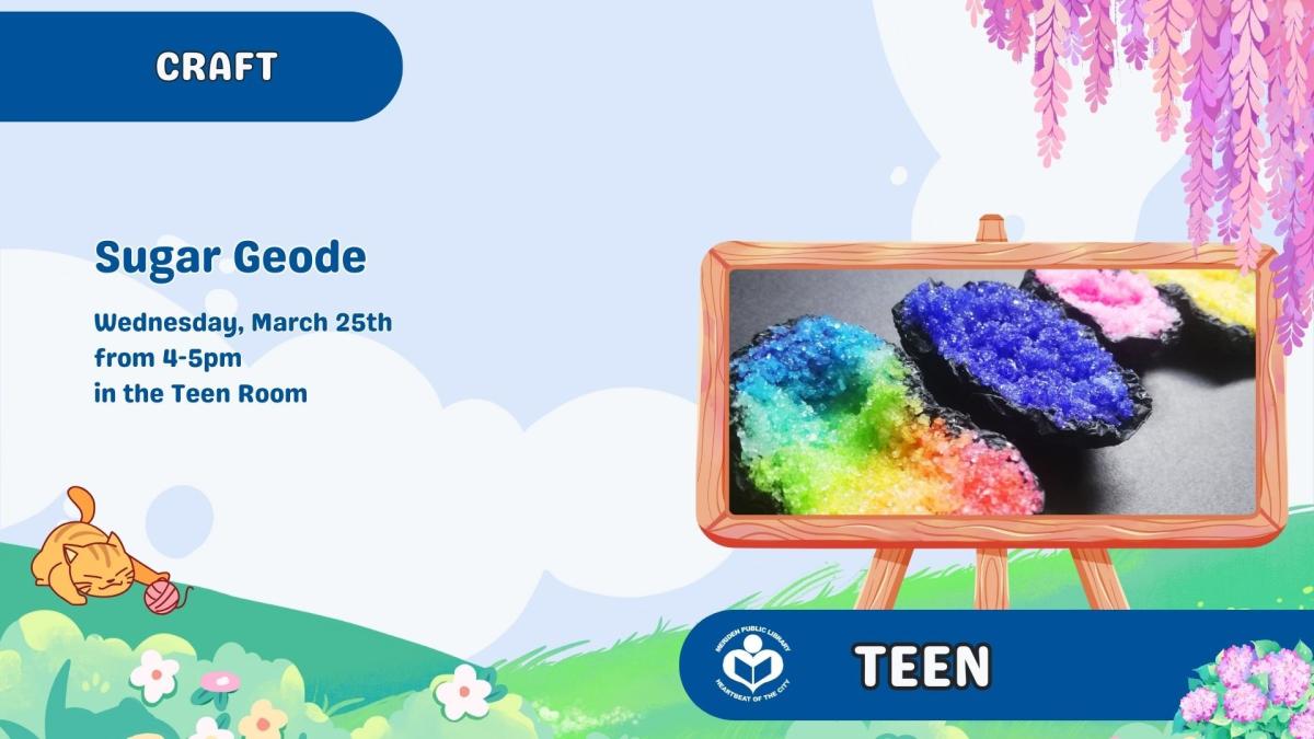 Colorful sugar crystals on half shells to right of verbiage