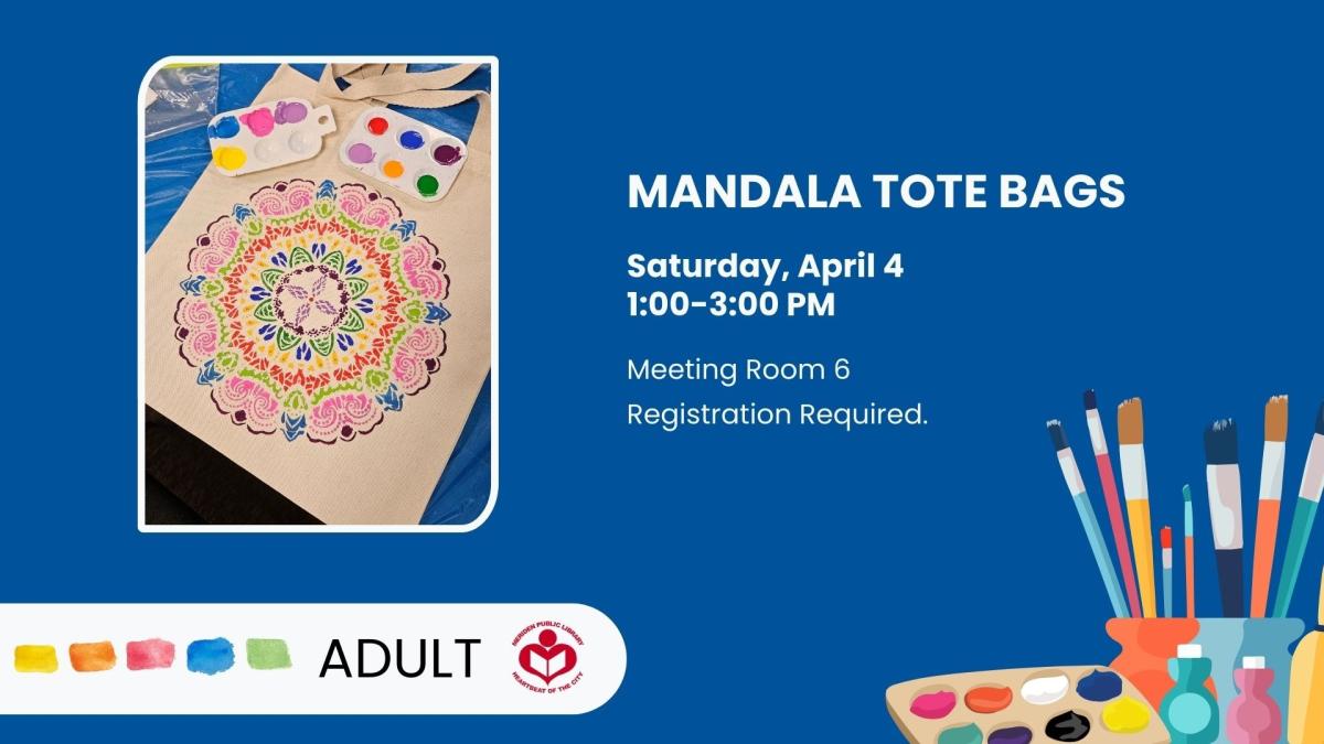 Mandala tote bag to left of verbiage with paint supplies in bottom right corner