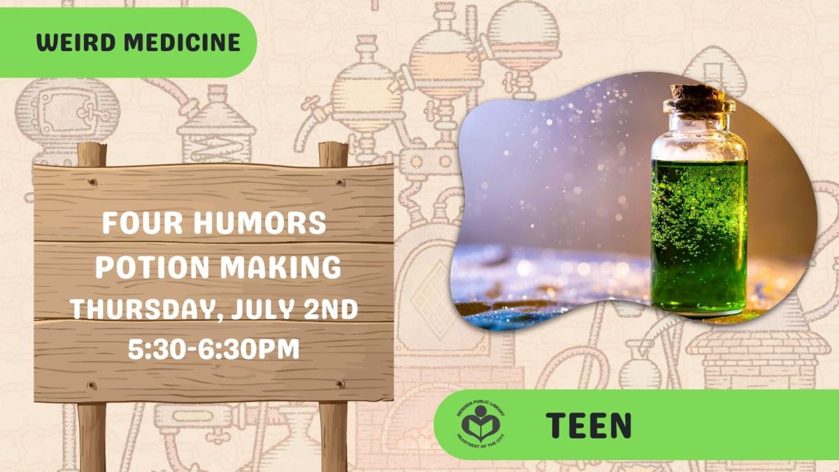 Green potion to the right of text with potion bottles in background.