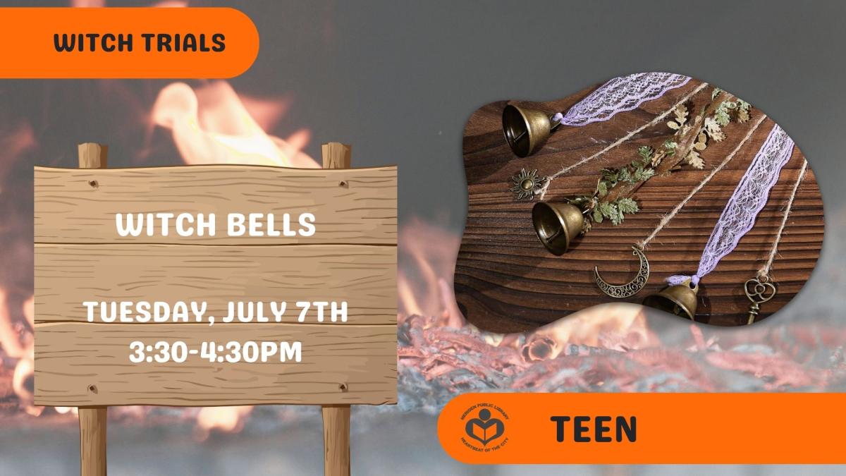 Witch bells to the right of text with fire background
