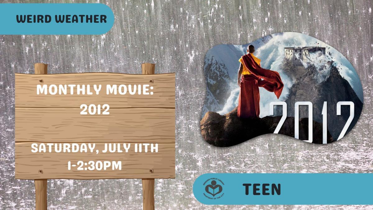 2012 movie cover to the right of text with rain background