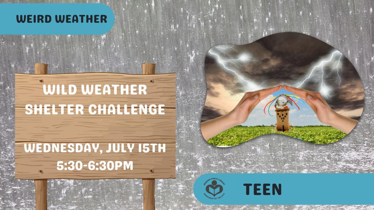 Hands protecting shelter from extreme weather to the right of text with rain background