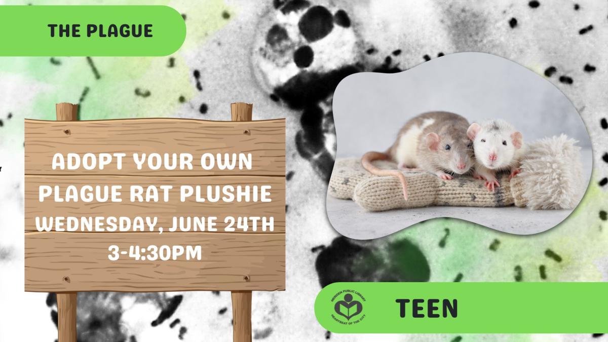 Two rats with a germ background and wooden sign with program information. 