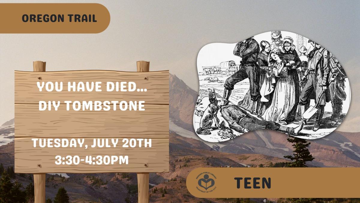 Pioneers mourning a loss to the right of text with mountain background