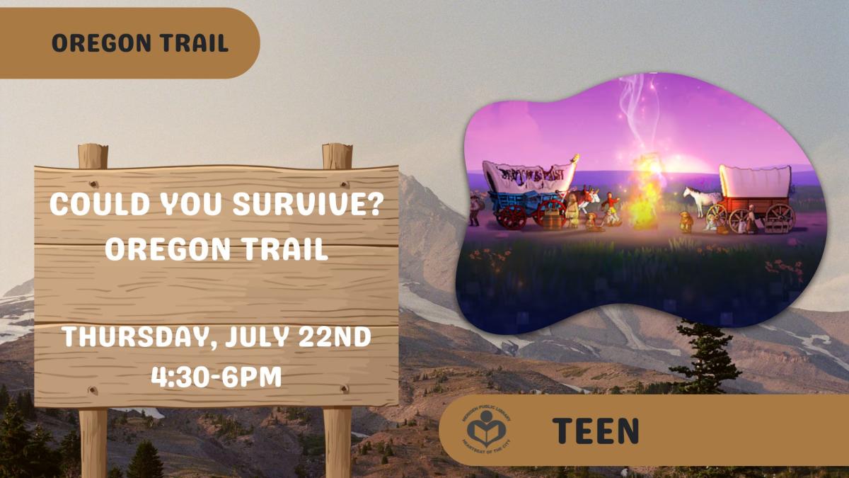 Cover of Oregon Trail remake to the right of text with mountain background