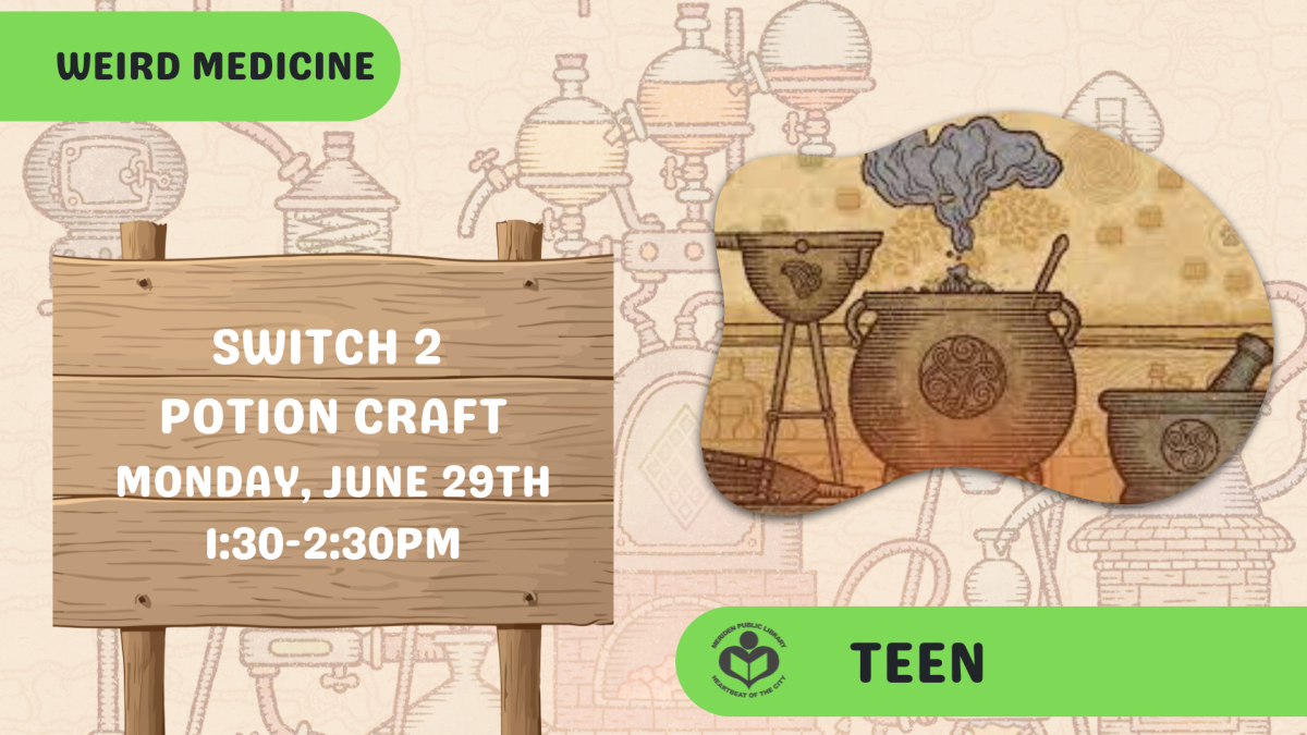 Cauldron bubbling with a potion making background and a wooden board with program information.