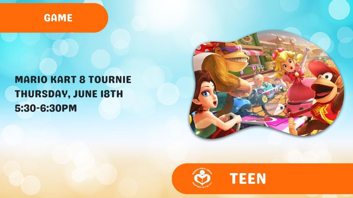 Mario Kart 8 characters to right of text with blue beach background.