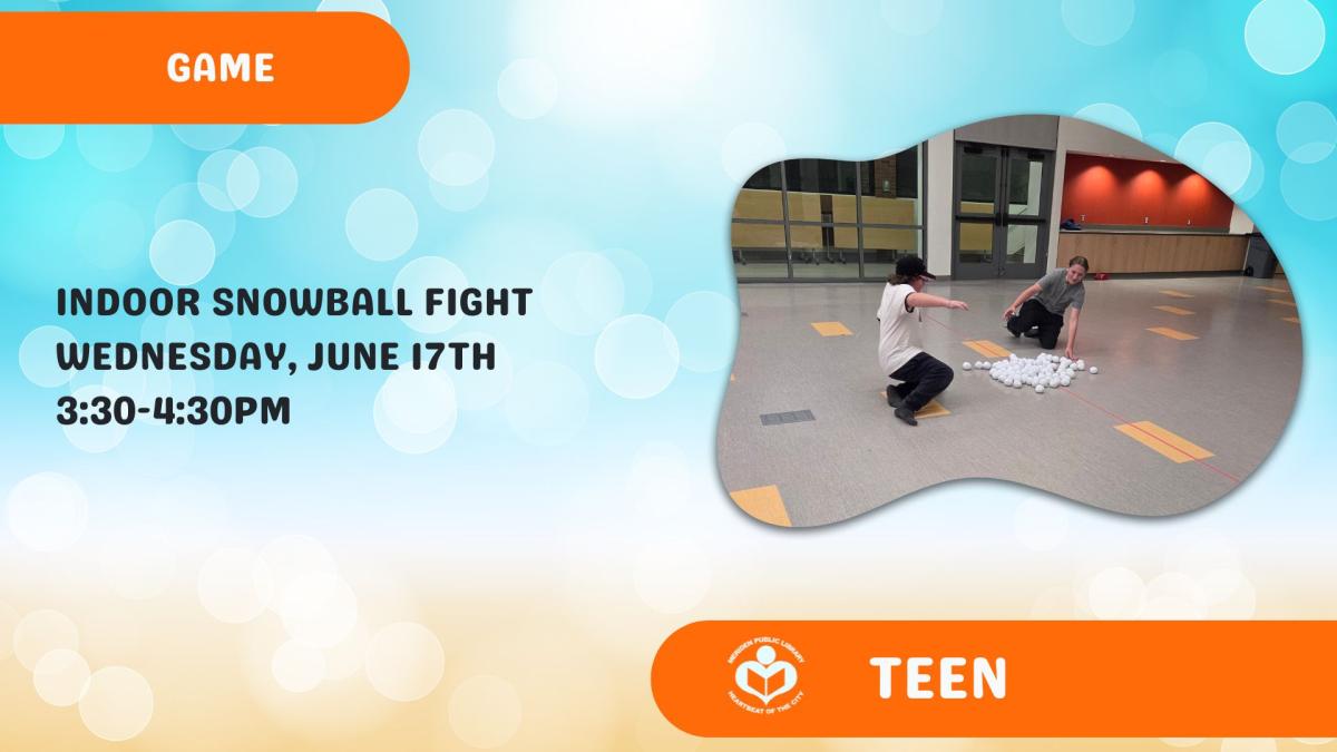 Teens running towards fake snowballs to right of text with blue beach background.