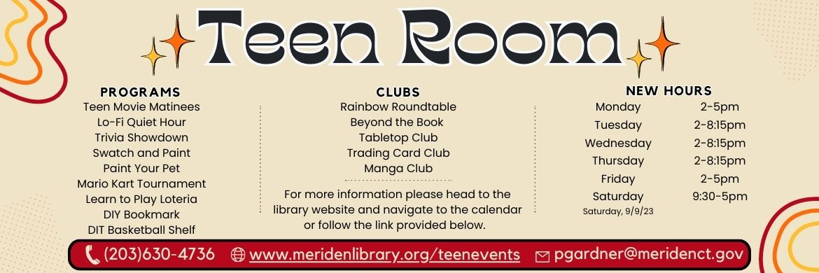 Teen Room Slider with program info and teen room hours